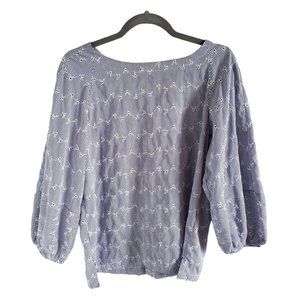 Loft Women Size M  Blue Stripe Eyelet Tunic Long Puffed Sleeve Button Up Back